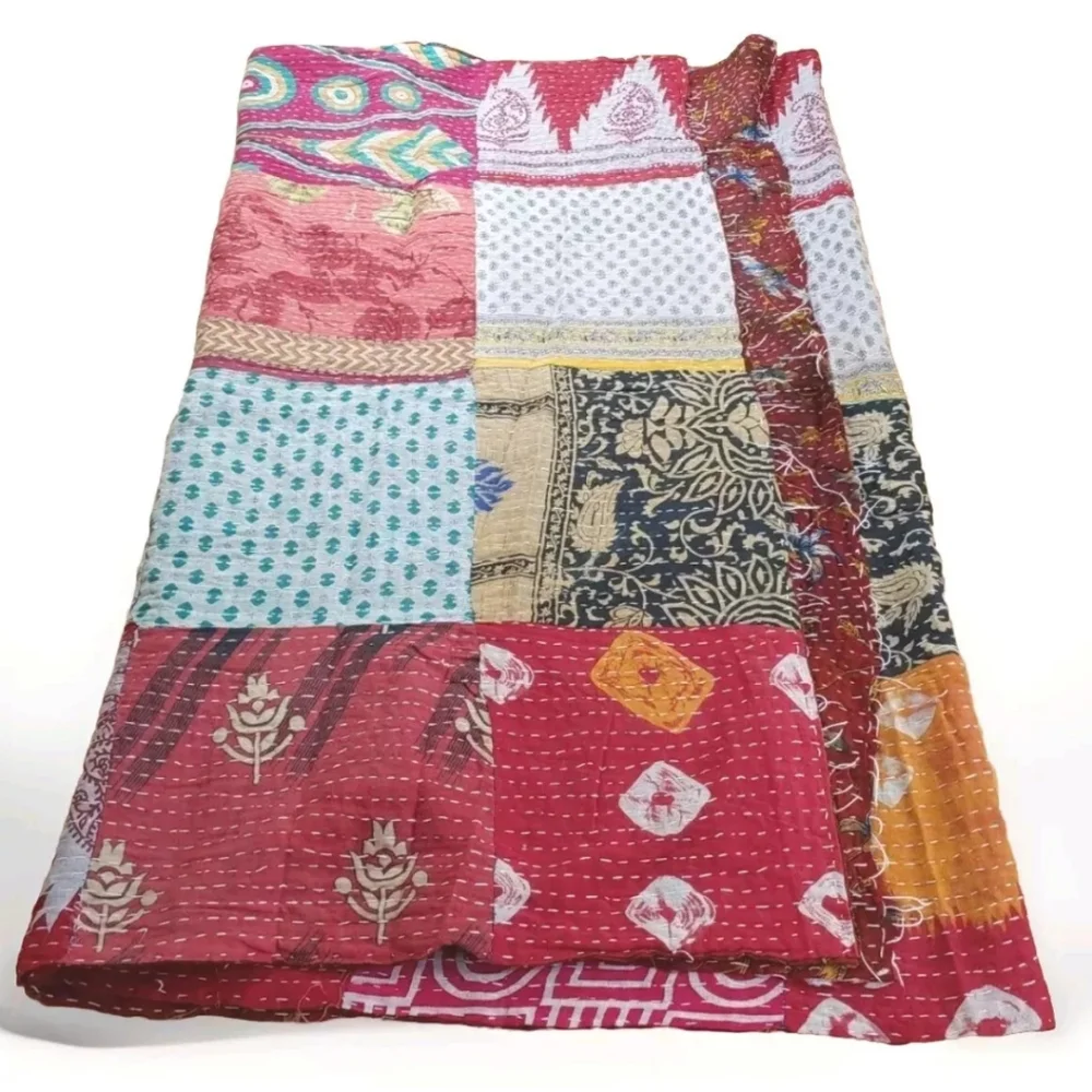 Kantha Fringed Patchwork Reversible Shawl Wrap Scarf Boho Festival Fairy 36